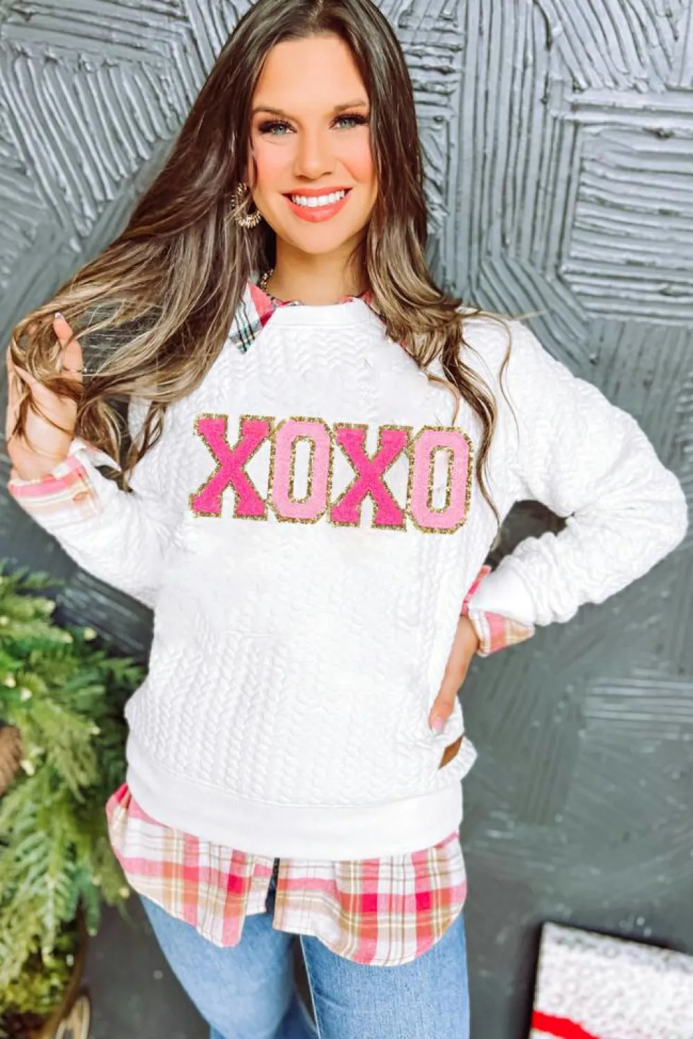 Hot Dear-Lover XOXO Glitter Chenille Cable Knit Pullover Sweatshirt White