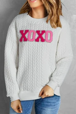 Hot Dear-Lover XOXO Glitter Chenille Cable Knit Pullover Sweatshirt White