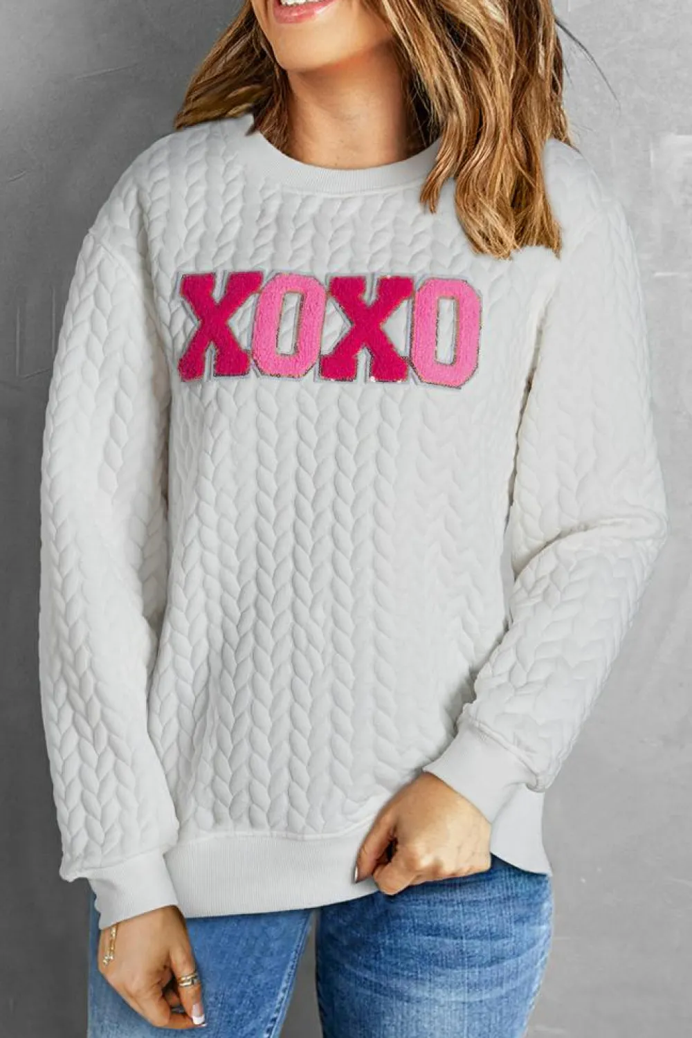 Hot Dear-Lover XOXO Glitter Chenille Cable Knit Pullover Sweatshirt White