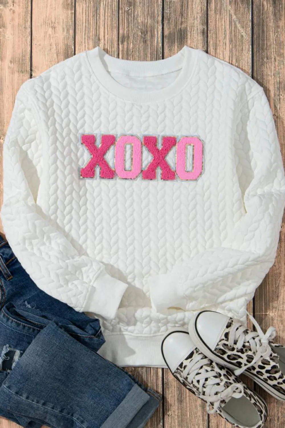 Hot Dear-Lover XOXO Glitter Chenille Cable Knit Pullover Sweatshirt White