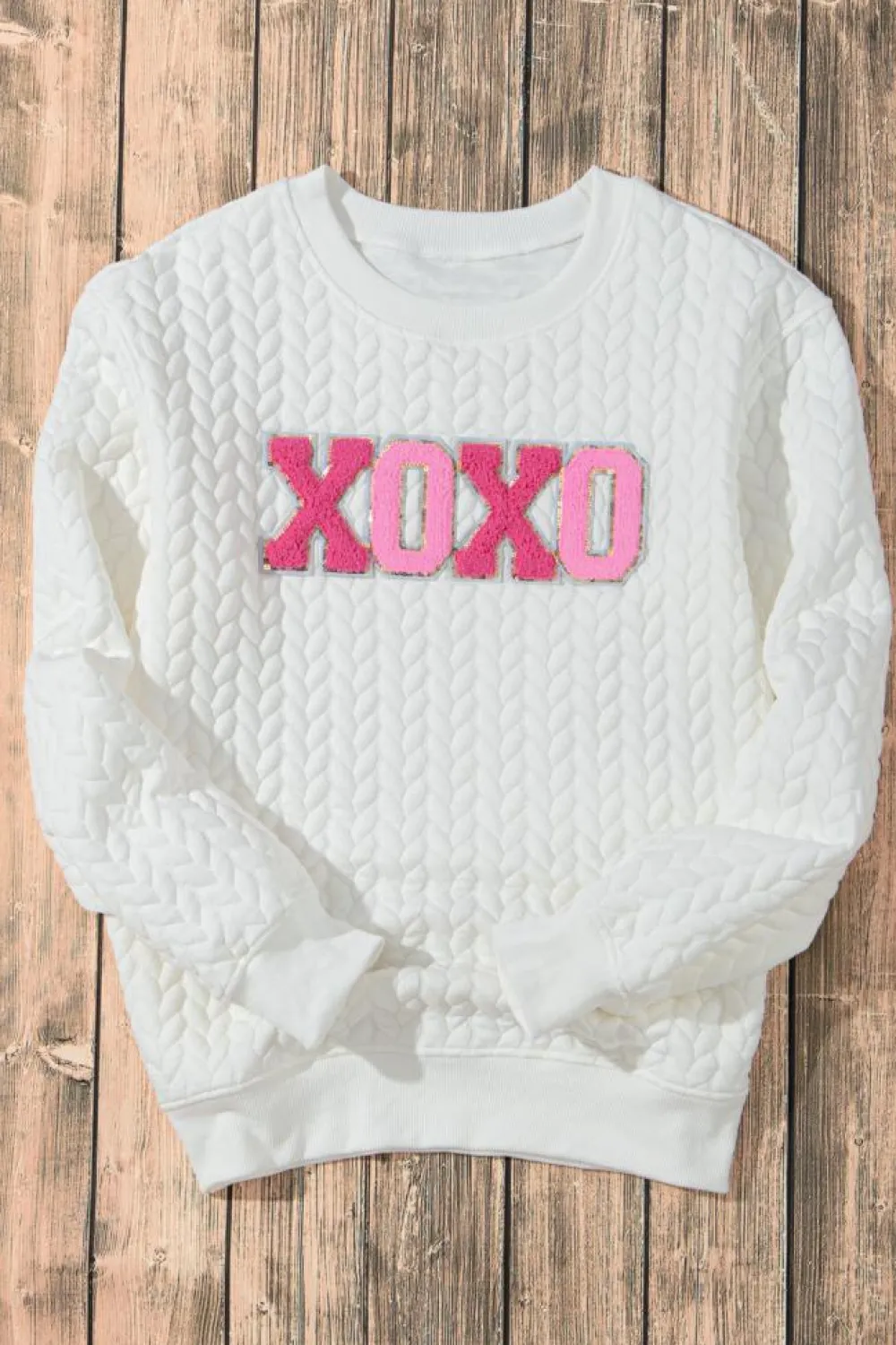 Hot Dear-Lover XOXO Glitter Chenille Cable Knit Pullover Sweatshirt White