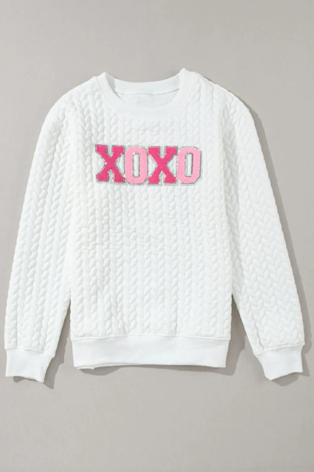 Hot Dear-Lover XOXO Glitter Chenille Cable Knit Pullover Sweatshirt White