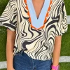 Sale Dear-Lover Zebra Stripe Print Contrast V-Neck Ricrac Detail Short Sleeve Blouse Top White