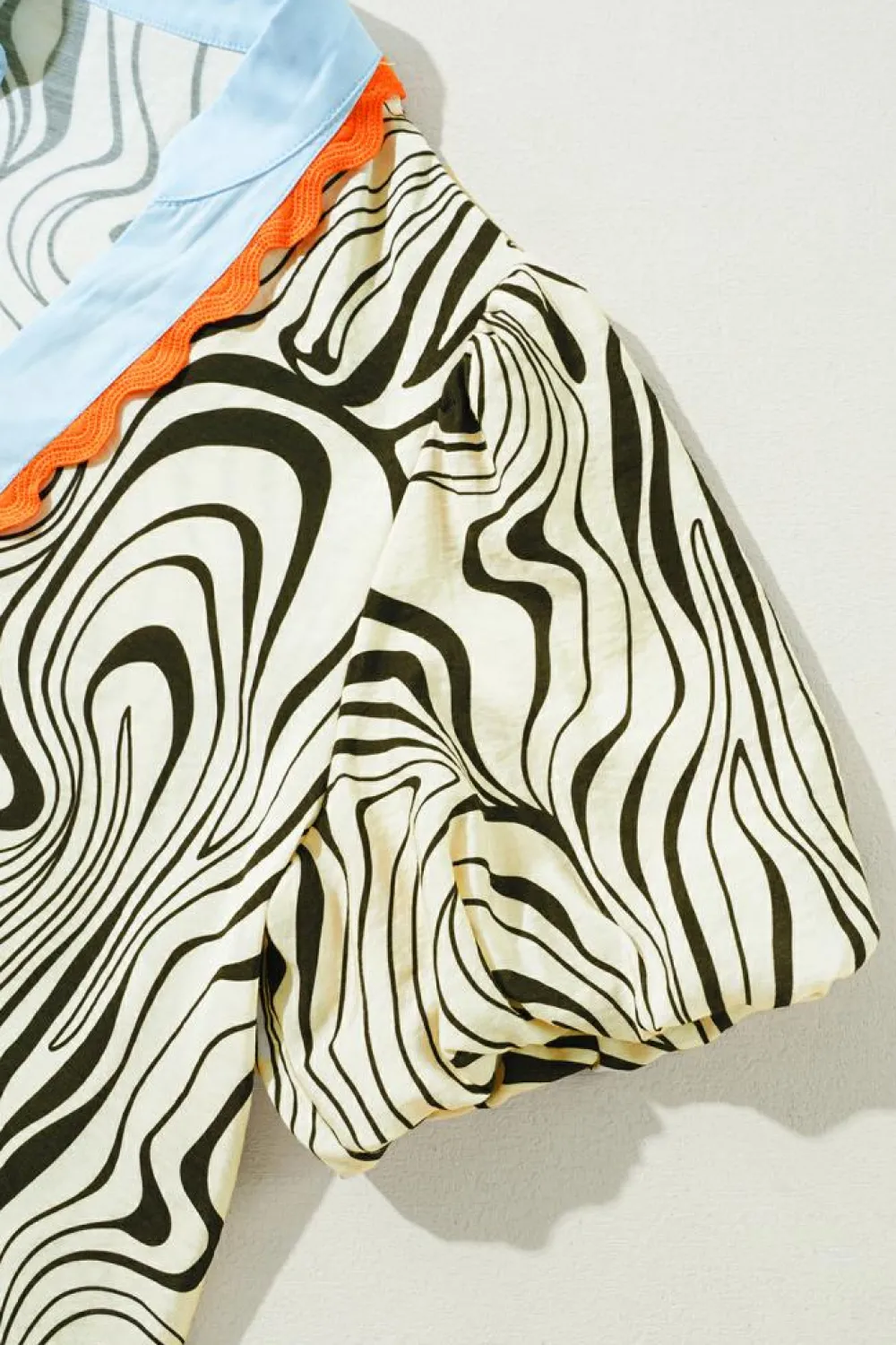 Sale Dear-Lover Zebra Stripe Print Contrast V-Neck Ricrac Detail Short Sleeve Blouse Top White