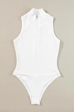 Fashion Dear-Lover Zip up Mock Neck Ribbed Sleeveless Bodysuit White