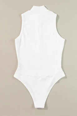 Fashion Dear-Lover Zip up Mock Neck Ribbed Sleeveless Bodysuit White