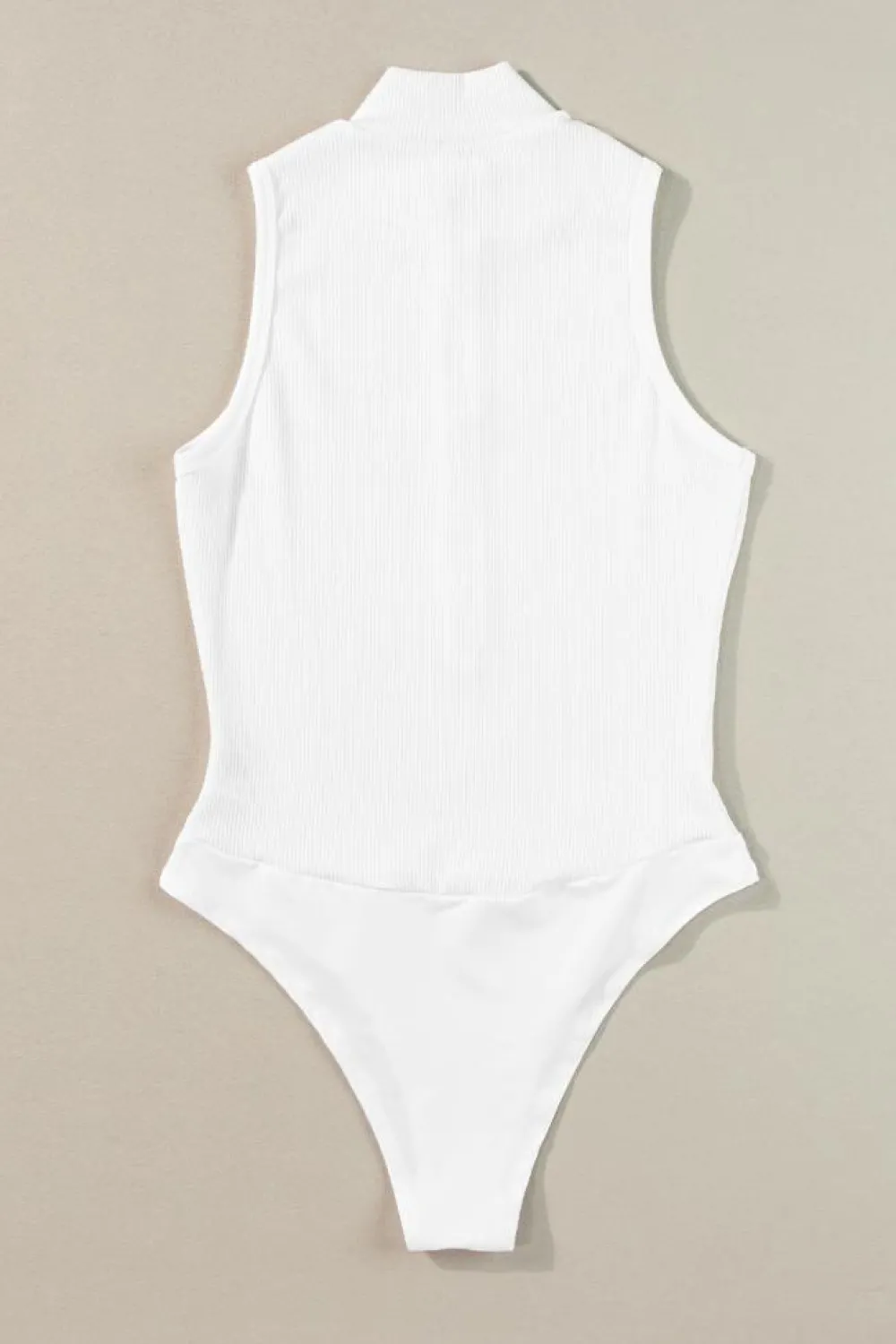 Fashion Dear-Lover Zip up Mock Neck Ribbed Sleeveless Bodysuit White