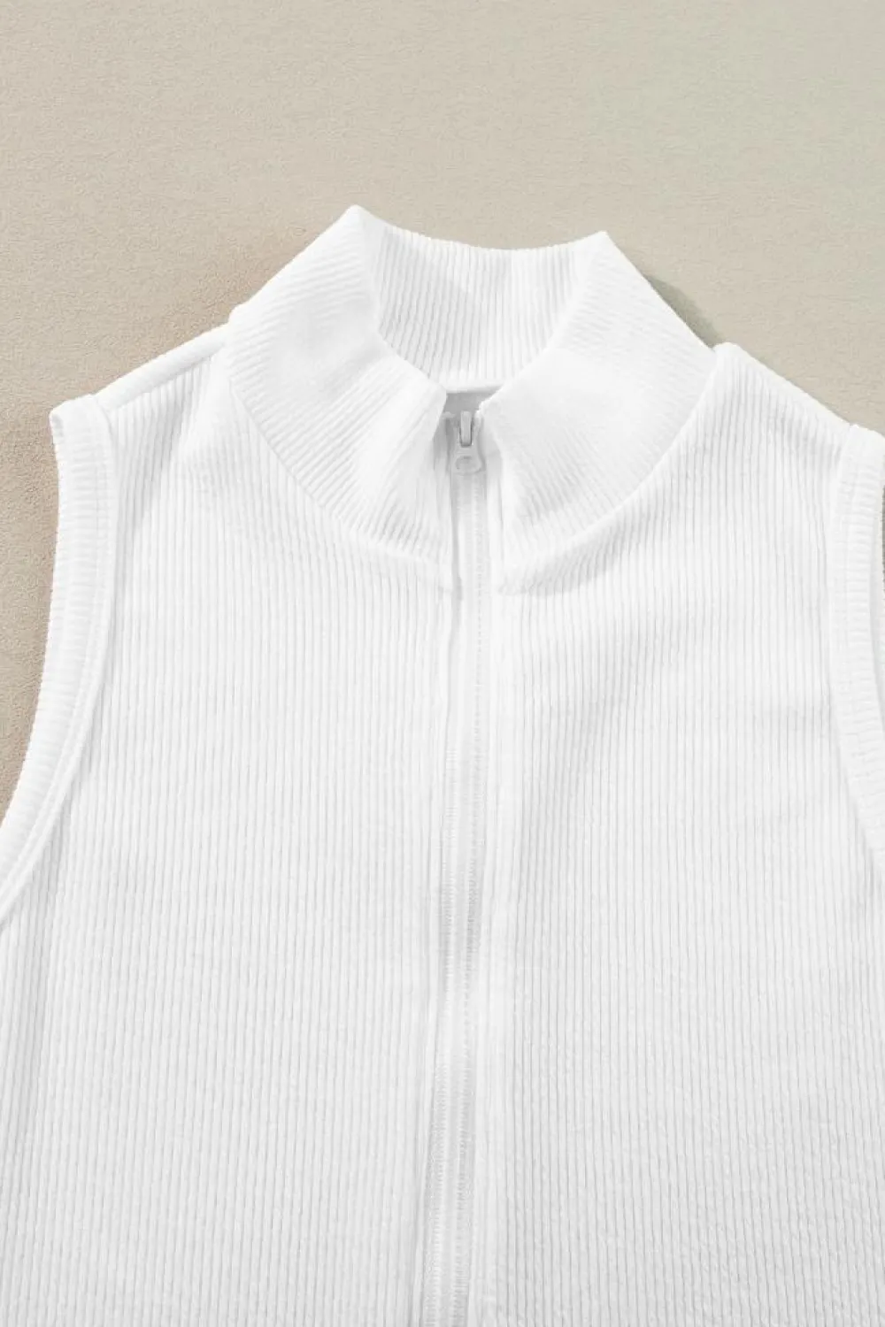 Fashion Dear-Lover Zip up Mock Neck Ribbed Sleeveless Bodysuit White