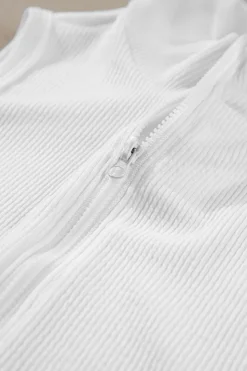Fashion Dear-Lover Zip up Mock Neck Ribbed Sleeveless Bodysuit White