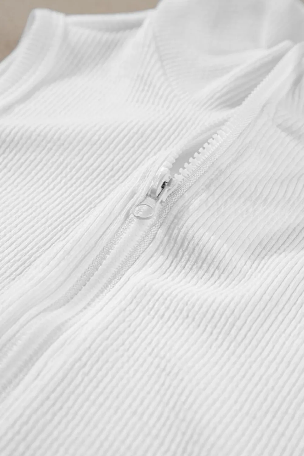 Fashion Dear-Lover Zip up Mock Neck Ribbed Sleeveless Bodysuit White