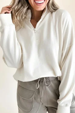 Online Dear-Lover Zipped Neck Pullover Drop Shoulder Sweatshirt White