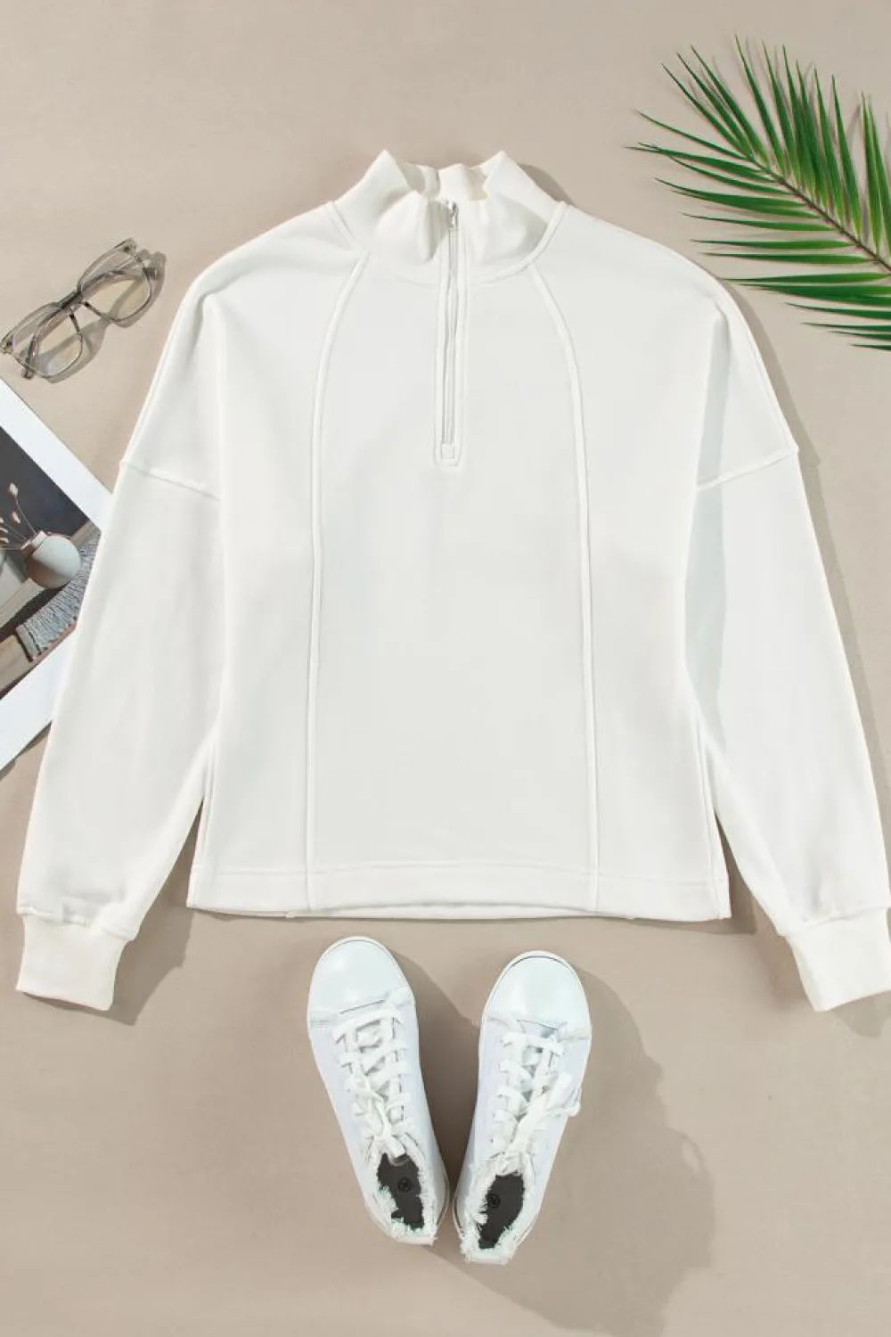 Online Dear-Lover Zipped Neck Pullover Drop Shoulder Sweatshirt White