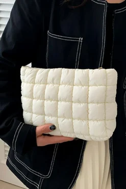 Fashion Dear-Lover Zipper Quilted Puffer Cosmetic Bag White