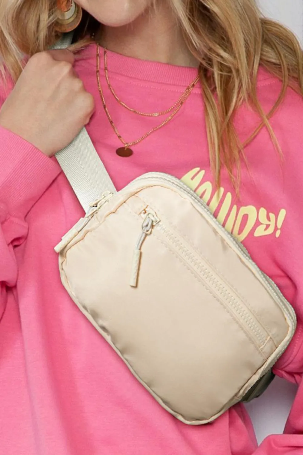 Fashion Dear-Lover Wide Belt Zipped Square Crossbody Bag White