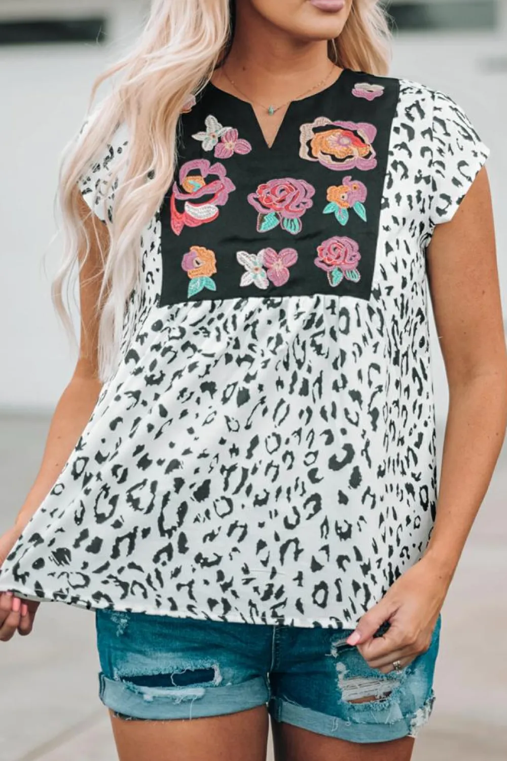 Outlet Dear-Lover Wild Flower Embroidered Shift Top Leopard