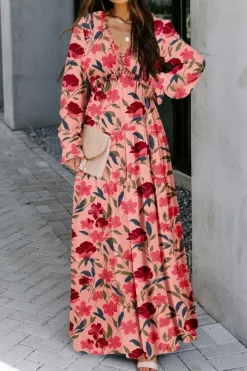 Sale Dear-Lover Wild Lotus Ruffle Tiered Maxi Dress Fiery Red