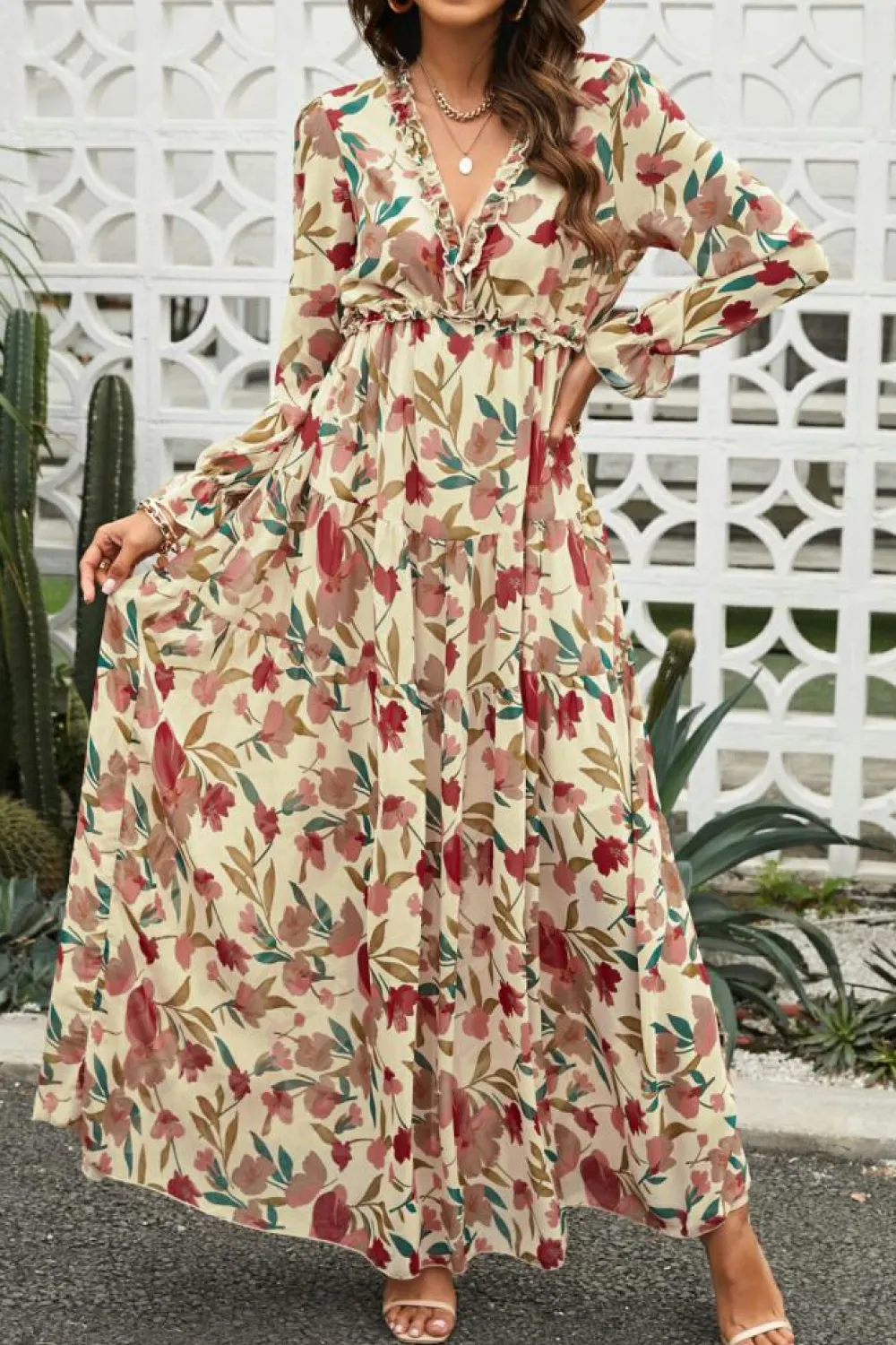 Outlet Dear-Lover Wild Lotus Ruffle Tiered Maxi Dress Apricot