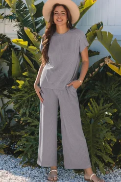 Fashion Dear-Lover Solid Corded Knit Short Sleeve T Shirt and Wide Leg Pants Set Wild Wind