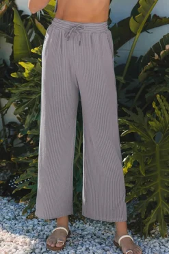 Fashion Dear-Lover Solid Corded Knit Short Sleeve T Shirt and Wide Leg Pants Set Wild Wind
