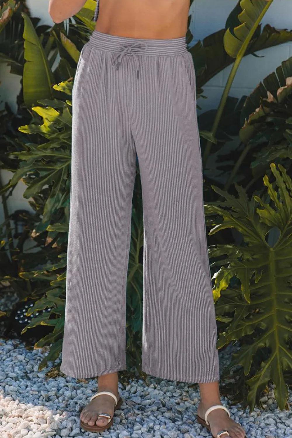 Fashion Dear-Lover Solid Corded Knit Short Sleeve T Shirt and Wide Leg Pants Set Wild Wind