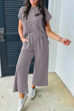 Fashion Dear-Lover Solid Corded Knit Short Sleeve T Shirt and Wide Leg Pants Set Wild Wind