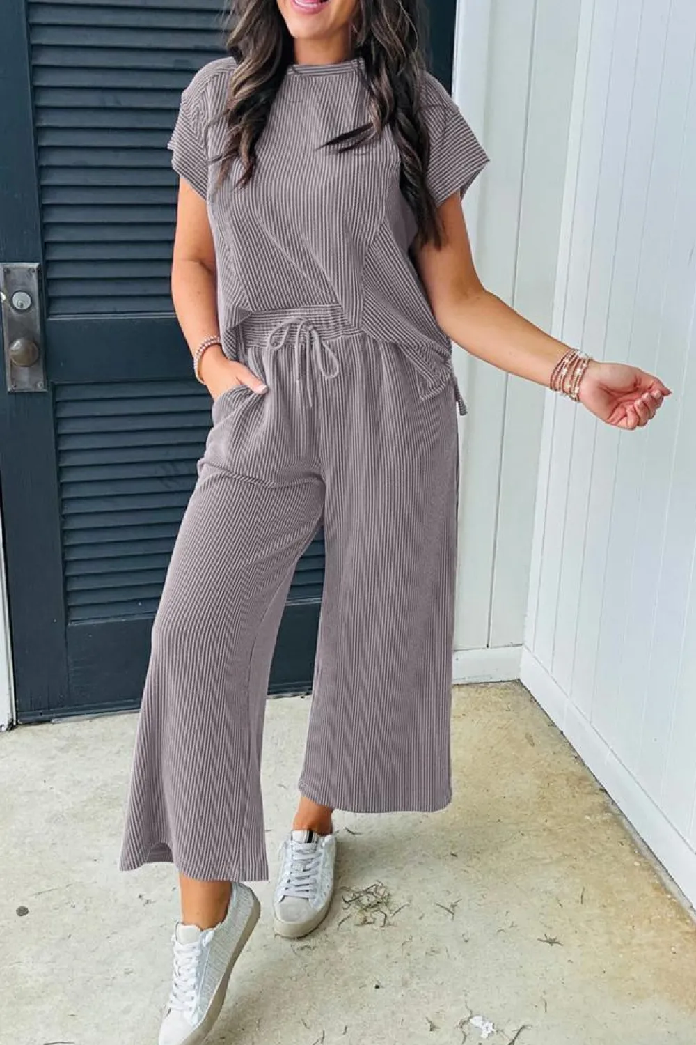 Fashion Dear-Lover Solid Corded Knit Short Sleeve T Shirt and Wide Leg Pants Set Wild Wind