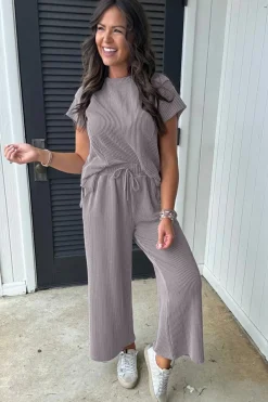 Fashion Dear-Lover Solid Corded Knit Short Sleeve T Shirt and Wide Leg Pants Set Wild Wind