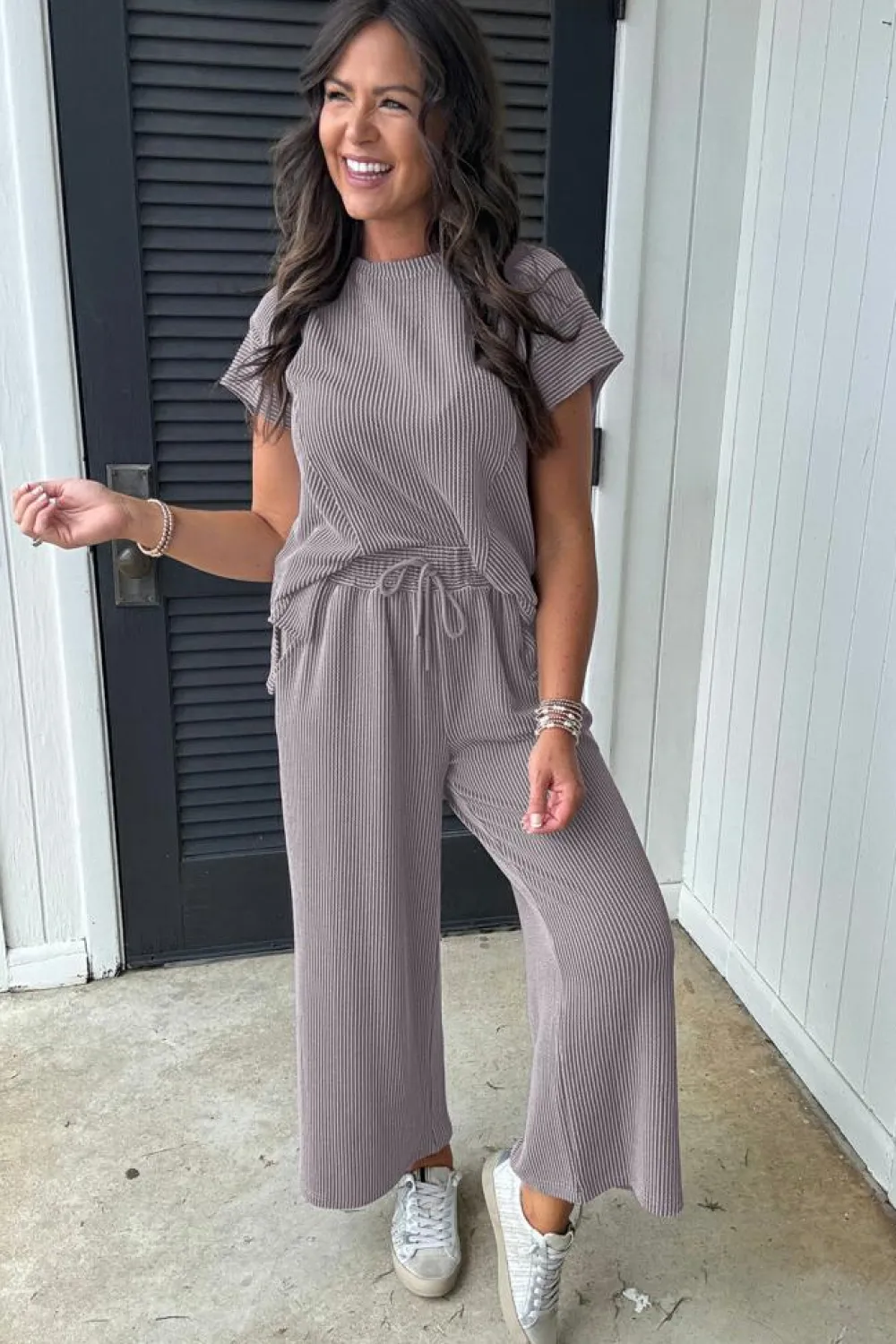 Fashion Dear-Lover Solid Corded Knit Short Sleeve T Shirt and Wide Leg Pants Set Wild Wind