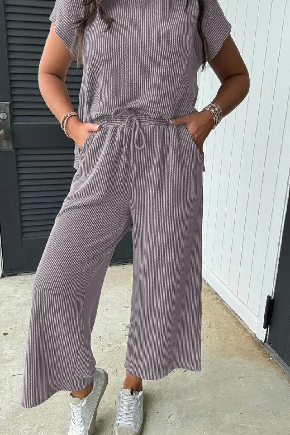 Fashion Dear-Lover Solid Corded Knit Short Sleeve T Shirt and Wide Leg Pants Set Wild Wind