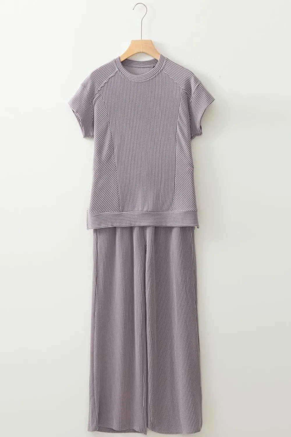 Fashion Dear-Lover Solid Corded Knit Short Sleeve T Shirt and Wide Leg Pants Set Wild Wind