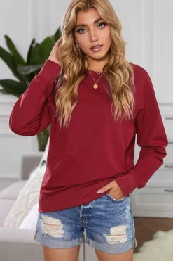 Outlet Dear-Lover Wine Solid Crew Neck Pullover Sweatshirt Fiery Red