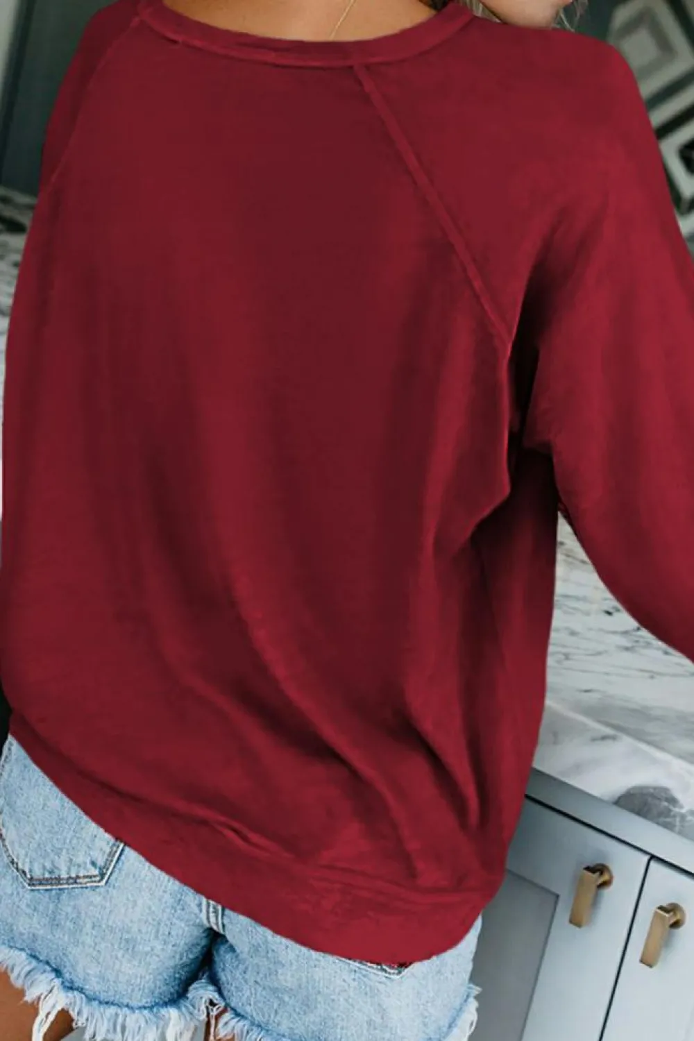 Outlet Dear-Lover Wine Solid Crew Neck Pullover Sweatshirt Fiery Red