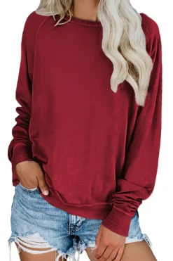 Outlet Dear-Lover Wine Solid Crew Neck Pullover Sweatshirt Fiery Red