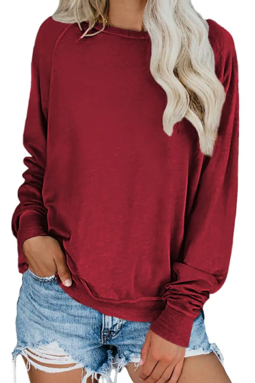 Outlet Dear-Lover Wine Solid Crew Neck Pullover Sweatshirt Fiery Red