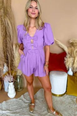 Fashion Dear-Lover Bow Decor Front V Neck Puff Sleeve Romper Wisteria