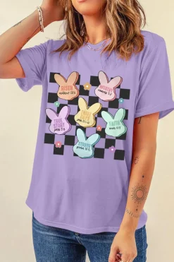 Outlet Dear-Lover Bunny Bible Verses Checkered Print Easter T Shirt Wisteria