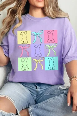 Clearance Dear-Lover Bunny Bow Plaid Print Easter Fashion Tee Wisteria