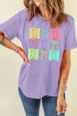 Clearance Dear-Lover Bunny Bow Plaid Print Easter Fashion Tee Wisteria