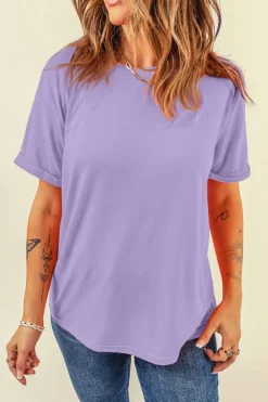Discount Dear-Lover Casual Plain Crew Neck Tee Wisteria