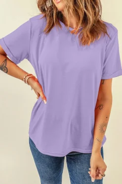 Discount Dear-Lover Casual Plain Crew Neck Tee Wisteria