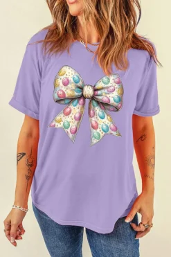 Discount Dear-Lover Celebrative Easter Eggs Bow Print Casual T Shirt Wisteria