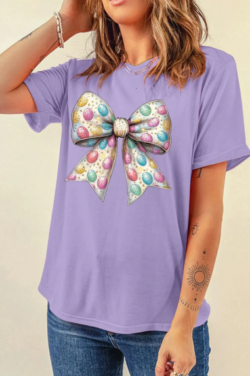 Discount Dear-Lover Celebrative Easter Eggs Bow Print Casual T Shirt Wisteria