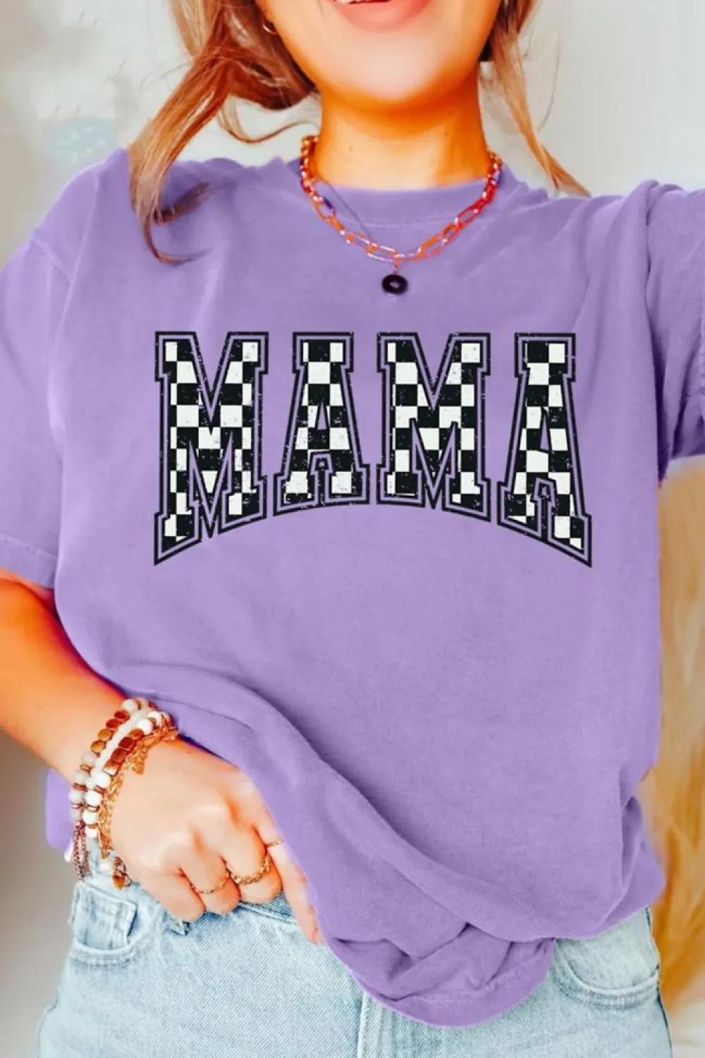 Online Dear-Lover Checkerboard MAMA Graphic Crewneck Tee Wisteria