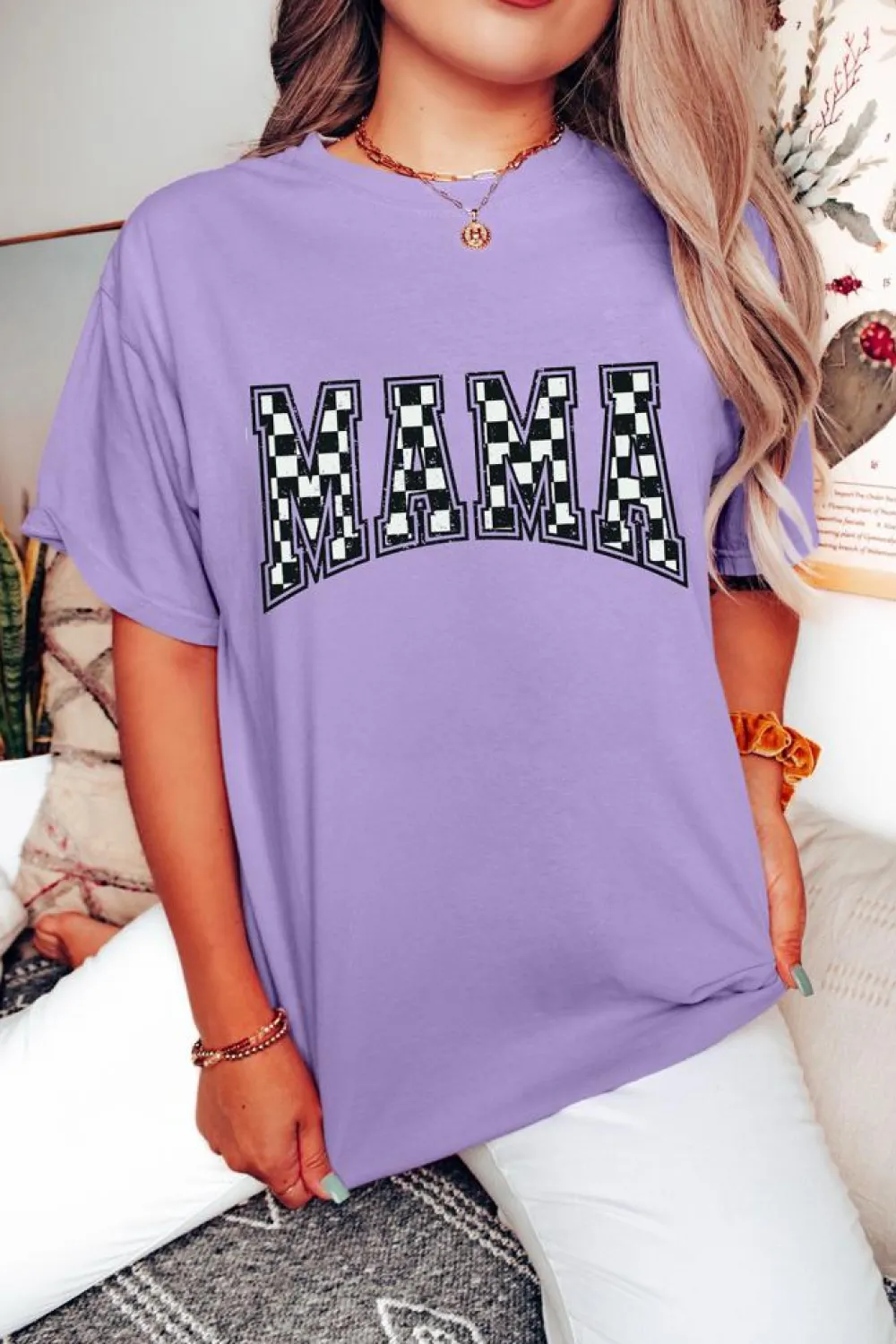 Online Dear-Lover Checkerboard MAMA Graphic Crewneck Tee Wisteria