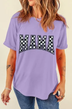 Online Dear-Lover Checkerboard MAMA Graphic Crewneck Tee Wisteria