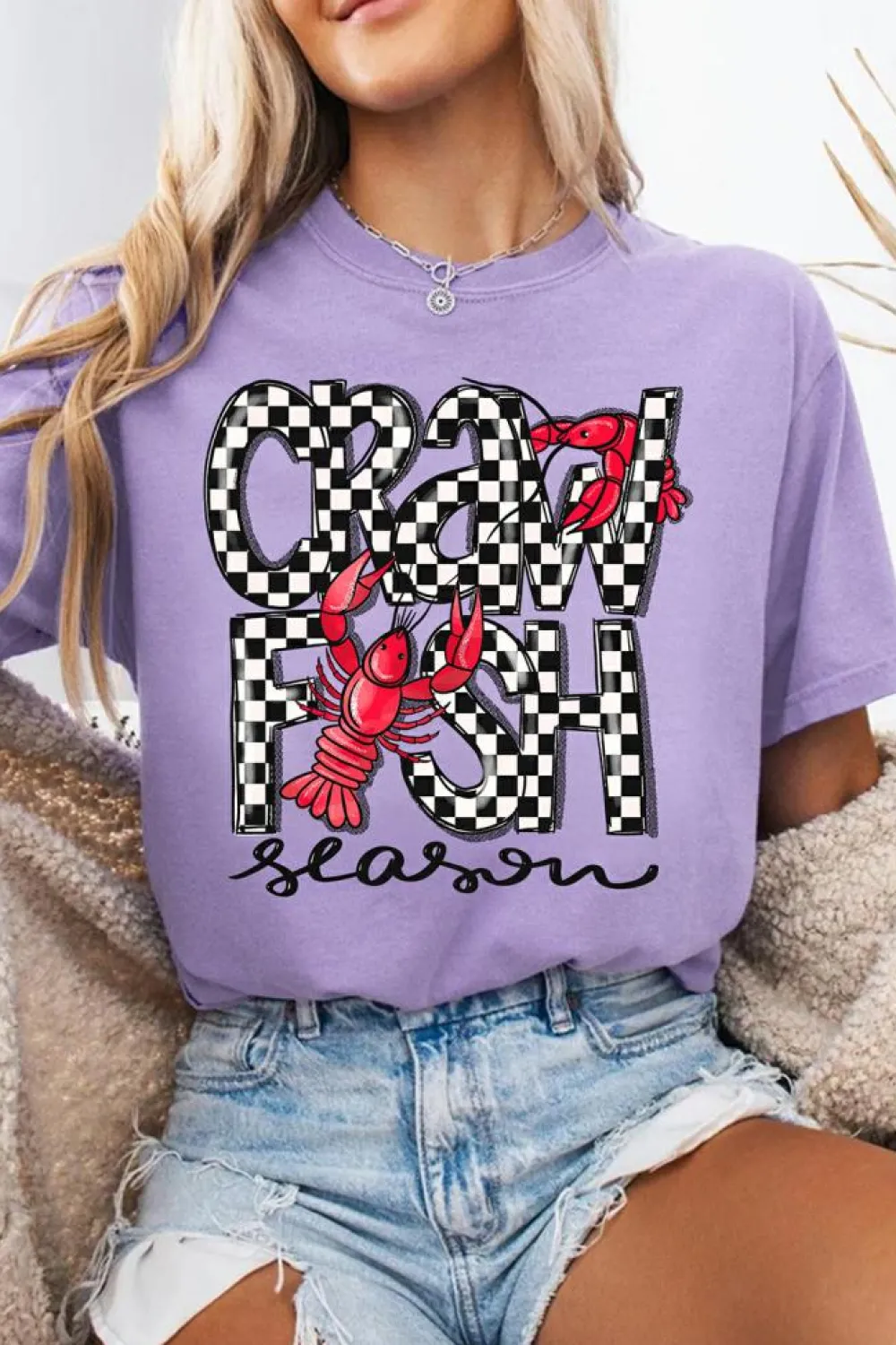 New Dear-Lover Craw Fish Season Graphic Short Sleeve Top Wisteria