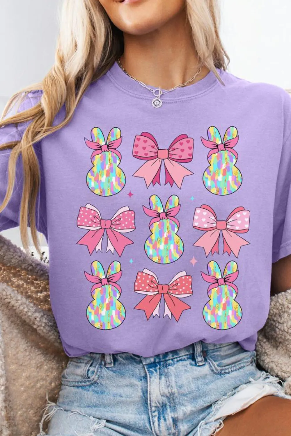 Fashion Dear-Lover Dotty Bowknot Bunny Graphic Crewneck Easter Fashion T Shirt Wisteria