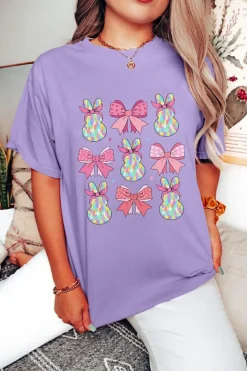 Fashion Dear-Lover Dotty Bowknot Bunny Graphic Crewneck Easter Fashion T Shirt Wisteria