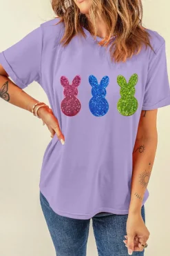 Best Dear-Lover Easter Shiny Bunny Graphic Crewneck T Shirt Wisteria