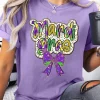 Best Dear-Lover mardi gras Bow Printed Crewneck Holiday T Shirt Wisteria